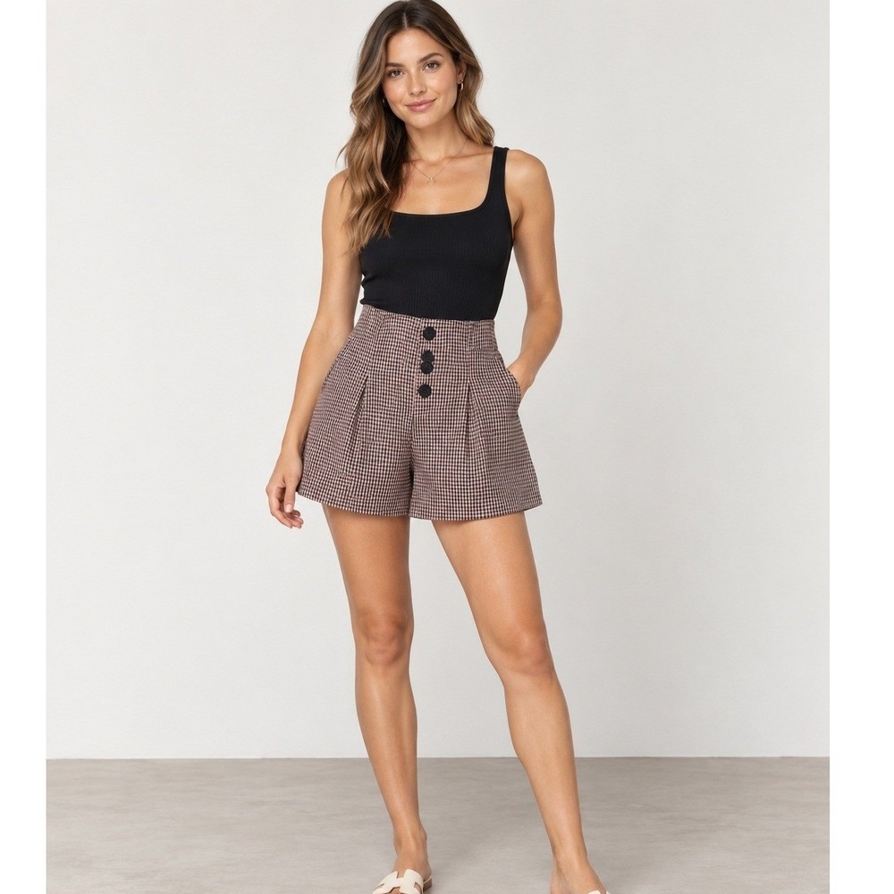 Zara High Waisted Gingham Check Shorts XS Pink Black Button Front Pleated